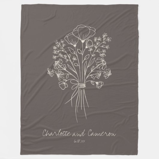 Boho Flower Line Art Drawing Personalized Brown フリースブランケット (正面)