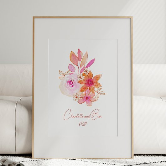 Boho Flower Pink Watercolor Personalized Wedding ポスター
