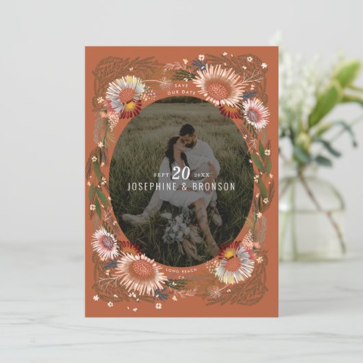 Boho Flowers写真Save the Date Card (スタンド正面)