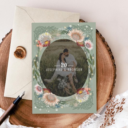 Boho Flowers写真Save the Date Card