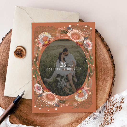 Boho Flowers写真Save the Date Card