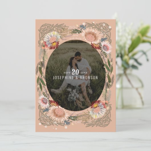 Boho Flowers写真Save the Date Card (スタンド正面)