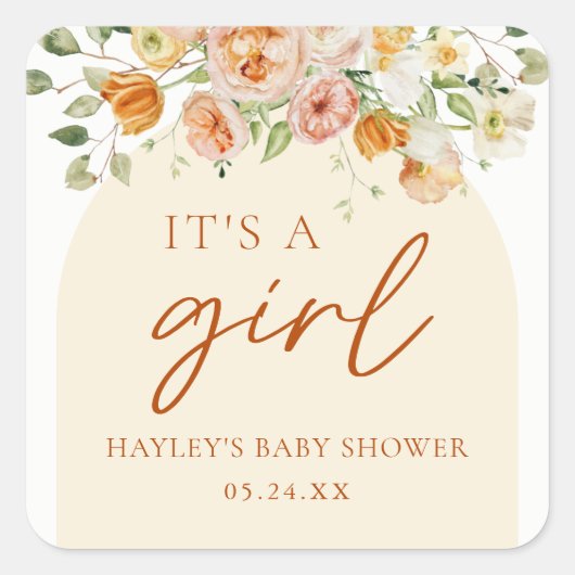 Boho Flowers女の子ベイビーシャワー女の子 スクエアシール (正面)