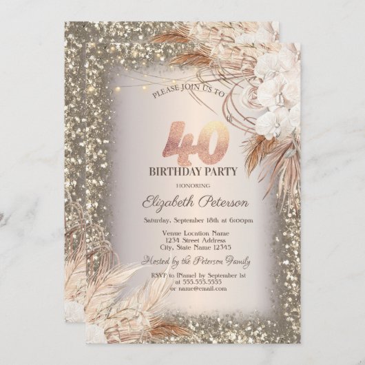 Boho Flowers，ライトグリッターフレーム40th Birthday 招待状 (正面/裏面)