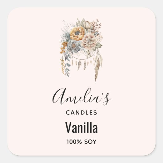 Boho Flowers and Dreamcatcher – キャンドルビジネス スクエアシール (正面)