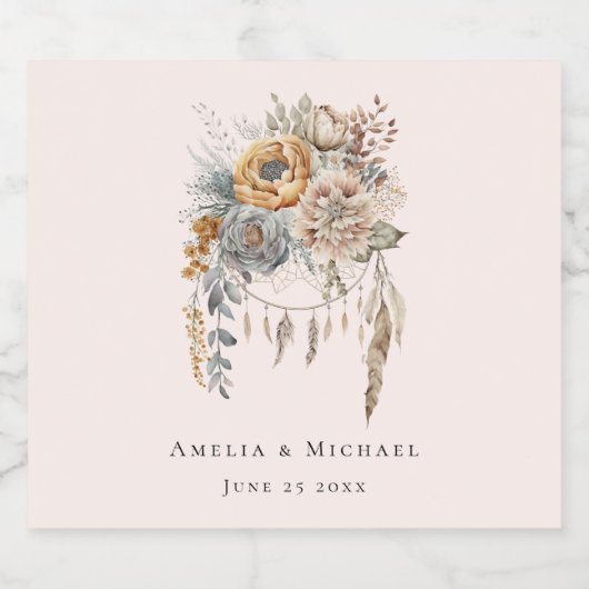 Boho Flowers and Dreamcatcher - 結婚's ビールラベル (シングルラベル)