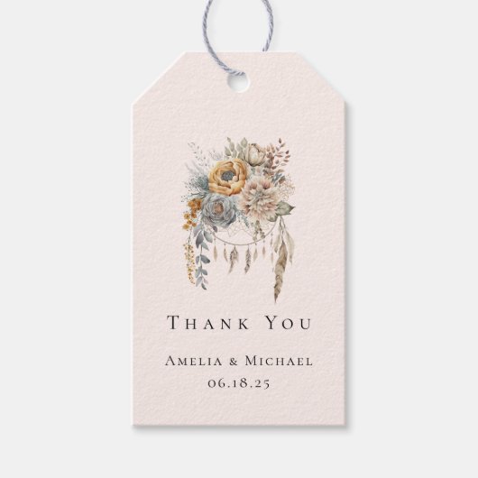 Boho Flowers and Dreamcatcher -結婚's Thank You ギフトタグ (正面)
