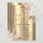 Boho Flowers,Champagne Glass Gold 80th Birthday 招待状 (正面/裏面)