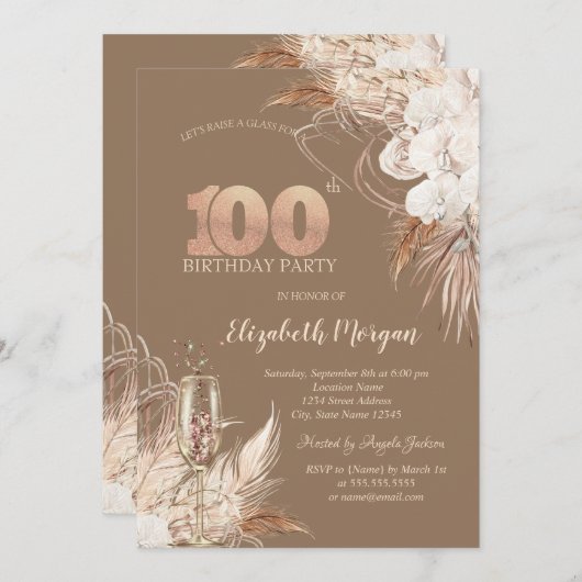 Boho Flowers,Champagne Glass,Terracotta 100th 招待状 (正面/裏面)