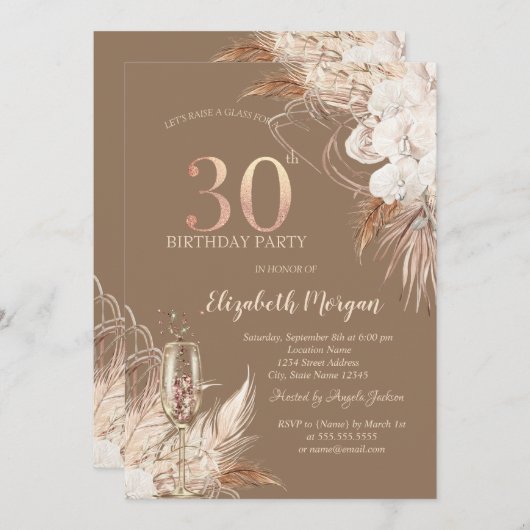 Boho Flowers,Champagne Glass,Terracotta 30th 招待状 (正面/裏面)