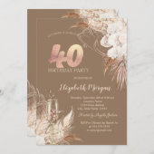 Boho Flowers,Champagne Glass,Terracotta 40th 招待状 (正面/裏面)