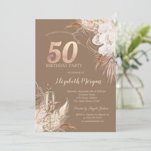 Boho Flowers,Champagne Glass,Terracotta 50th 招待状 (スタンド正面)