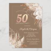 Boho Flowers,Champagne Glass,Terracotta 50th 招待状 (正面/裏面)