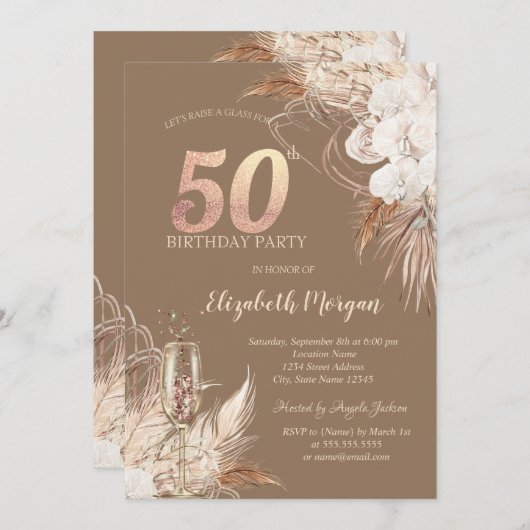 Boho Flowers,Champagne Glass,Terracotta 50th 招待状 (正面/裏面)