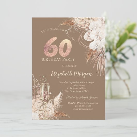Boho Flowers,Champagne Glass,Terracotta 60th 招待状 (スタンド正面)
