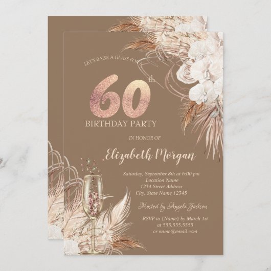 Boho Flowers,Champagne Glass,Terracotta 60th 招待状 (正面/裏面)