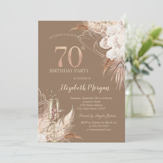 Boho Flowers,Champagne Glass,Terracotta 70th 招待状 (スタンド正面)