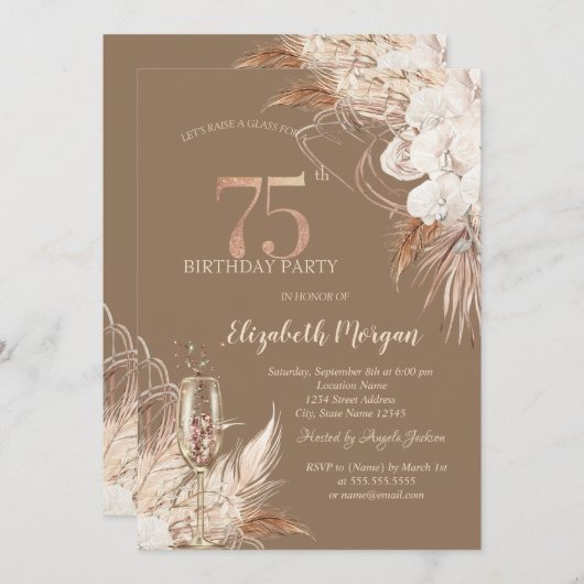 Boho Flowers,Champagne Glass,Terracotta 75th 招待状 (正面/裏面)