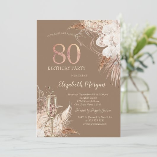 Boho Flowers,Champagne Glass,Terracotta 80th 招待状 (スタンド正面)
