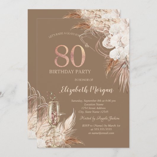 Boho Flowers,Champagne Glass,Terracotta 80th 招待状 (正面/裏面)