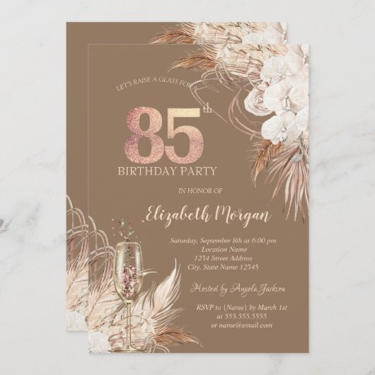 Boho Flowers,Champagne Glass,Terracotta 85th 招待状 (正面/裏面)