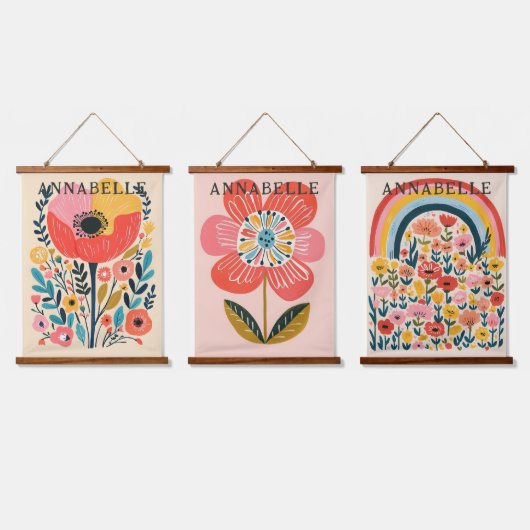 Boho Flowers Cute Illustration First Names 吊り下げ型タペストリー (トリプル)