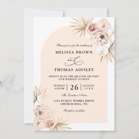 Boho Flowers Elegant Modern Budget QR Code Wedding 招待状 (正面)