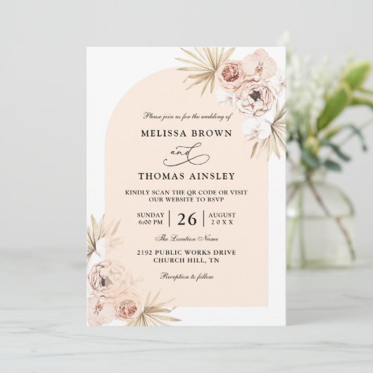 Boho Flowers Elegant Modern Budget QR Code Wedding 招待状 (スタンド正面)