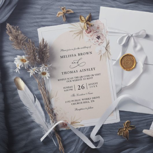 Boho Flowers Elegant Modern Budget QR Code Wedding 招待状