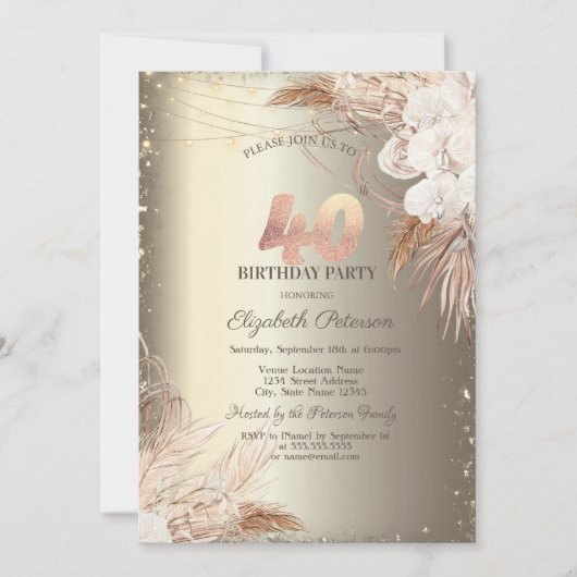 Boho Flowers,Lights Glitter Frame Gold 40th  招待状 (正面)