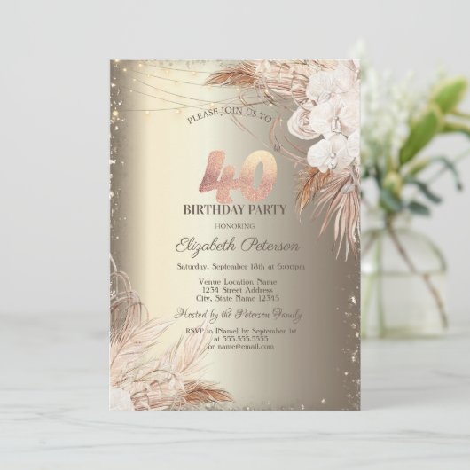 Boho Flowers,Lights Glitter Frame Gold 40th  招待状 (スタンド正面)