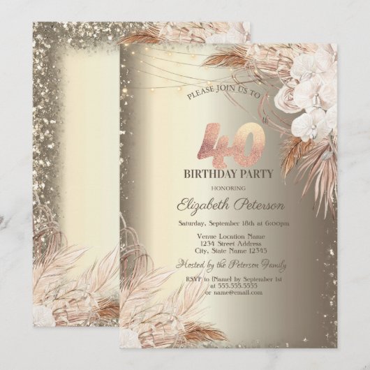 Boho Flowers,Lights Glitter Frame Gold 40th  招待状 (正面/裏面)