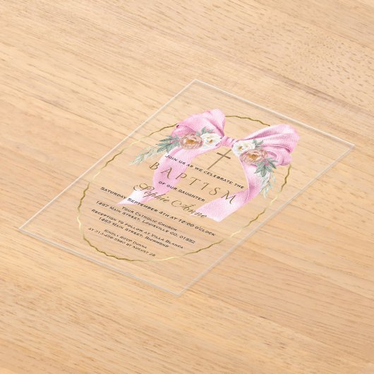 Boho Flowers Pink Bow Girl Baptism Transparent   アクリル招待状 (レイダウン)