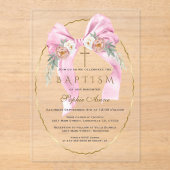 Boho Flowers Pink Bow Girl Baptism Transparent アクリル招待状 (正面)
