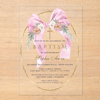 Boho Flowers Pink Bow Girl Baptism Transparent   アクリル招待状