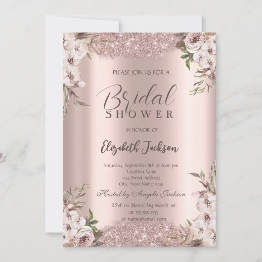 Boho Flowers Shiny Frame Rose Gold Bridal Shower 招待状 (正面)