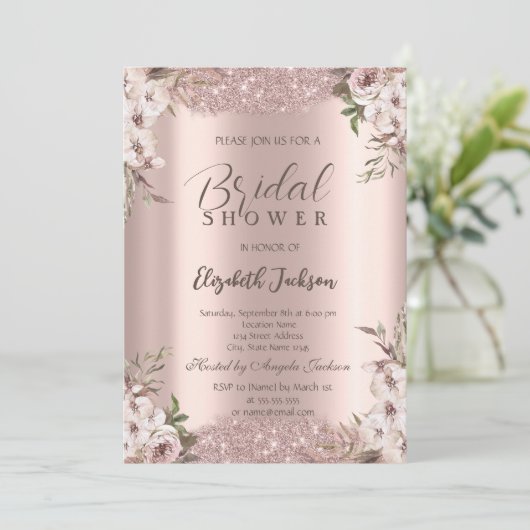 Boho Flowers Shiny Frame Rose Gold Bridal Shower 招待状 (スタンド正面)