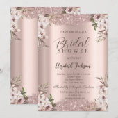 Boho Flowers Shiny Frame Rose Gold Bridal Shower 招待状 (正面/裏面)