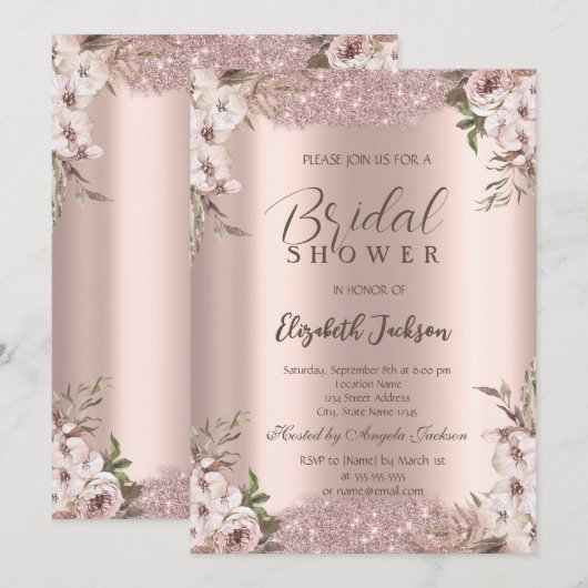 Boho Flowers Shiny Frame Rose Gold Bridal Shower  招待状 (正面/裏面)
