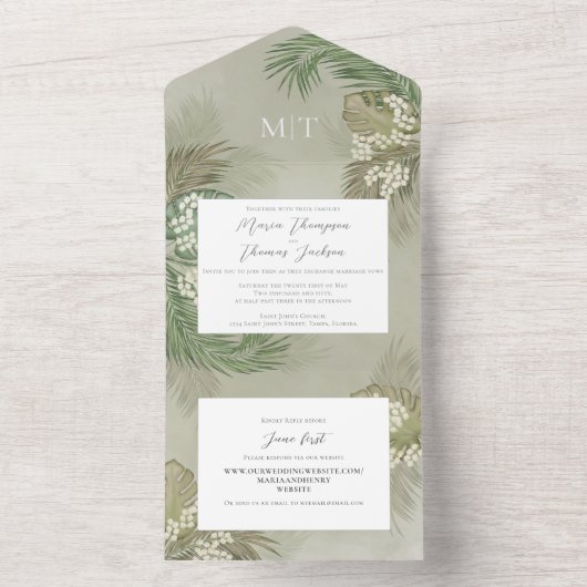 Boho Folids水彩熱帯パーム離れ予算 オールインワン招待状 (内側)