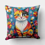 Boho Folk Art Cat, Flowers & Butterfly   クッション (裏面)