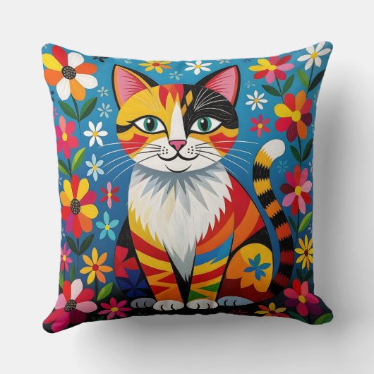 Boho Folk Art Cat, Flowers & Butterfly クッション (裏面)