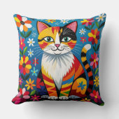 Boho Folk Art Cat, Flowers & Butterfly   クッション (正面)