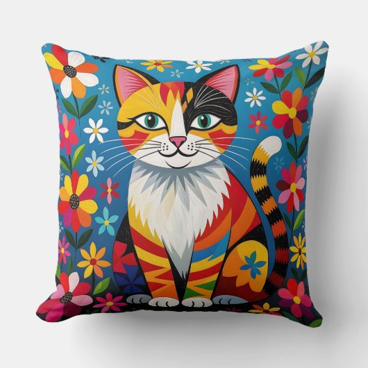 Boho Folk Art Cat, Flowers & Butterfly   クッション (正面)