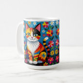 Boho Folk Art Cat, Flowers & Butterfly コーヒーマグカップ (正面左)