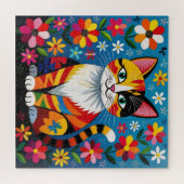 Boho Folk Art Cat, Flowers & Butterfly   ジグソーパズル (横)