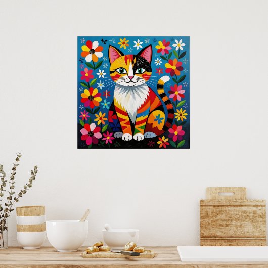Boho Folk Art Cat, Flowers & Butterfly   ポスター (キッチン)
