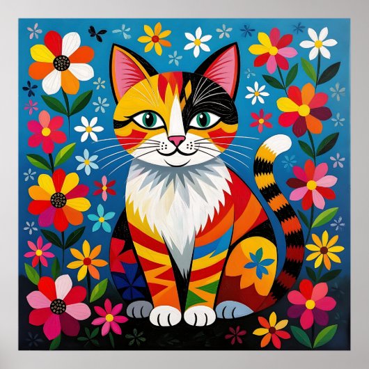 Boho Folk Art Cat, Flowers & Butterfly ポスター (正面)
