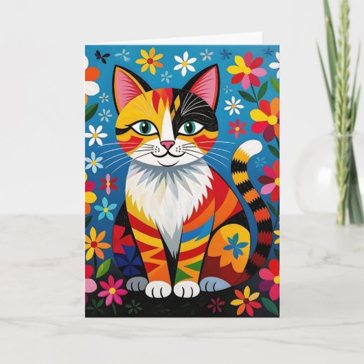 Boho Folk Art Cat, Flowers & Butterfly Birthday カード (正面)