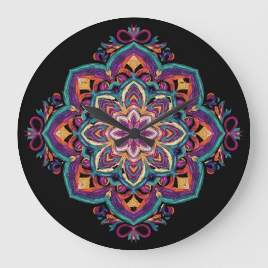 Boho Folk Art Flower ラージ壁時計 (正面)